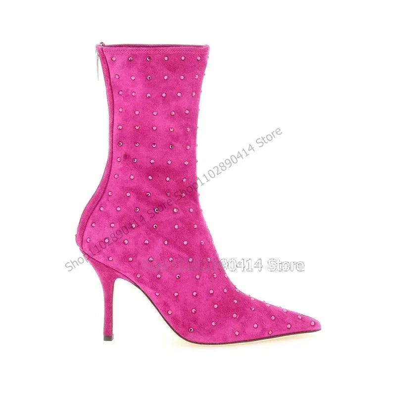 Rose Red Crystal Decor Mid Calf Pointed Toe Boots With Back Zipper for Women