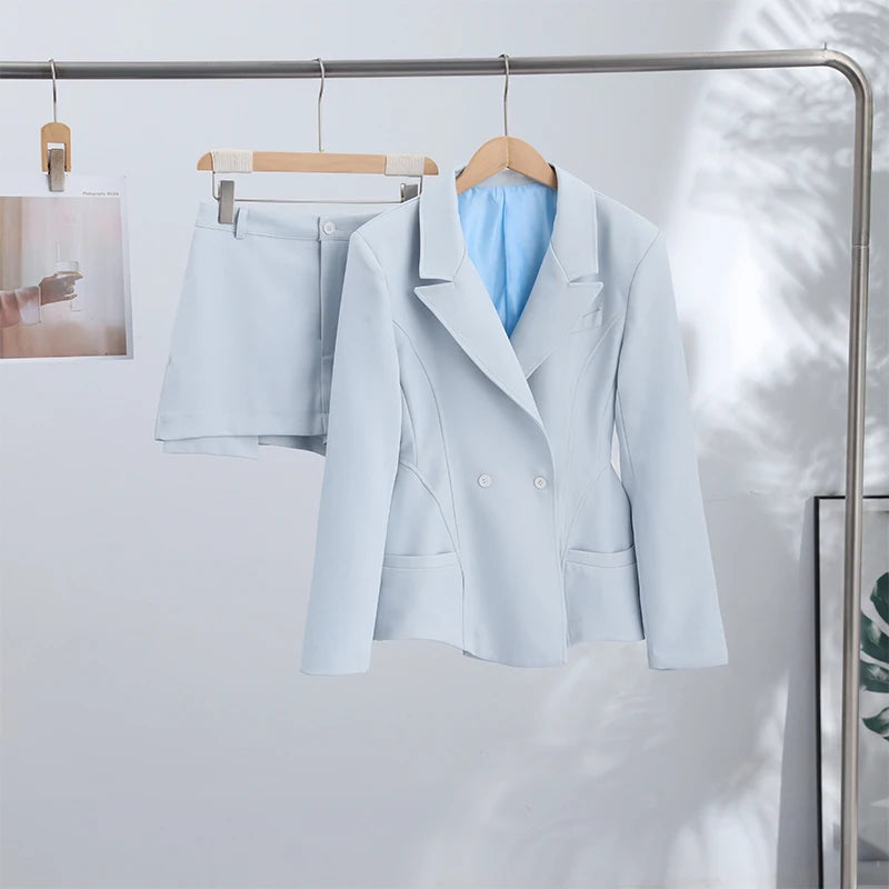 Double-Breasted Blazer and Mini Shorts Set for Women
