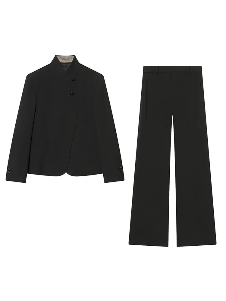 Elegant Stand Collar Coat and Trousers Set for Women