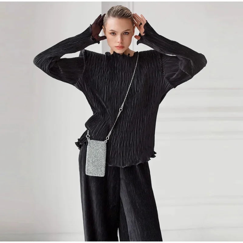 Elegant Velvet Top and Pleated Pants Set for Women