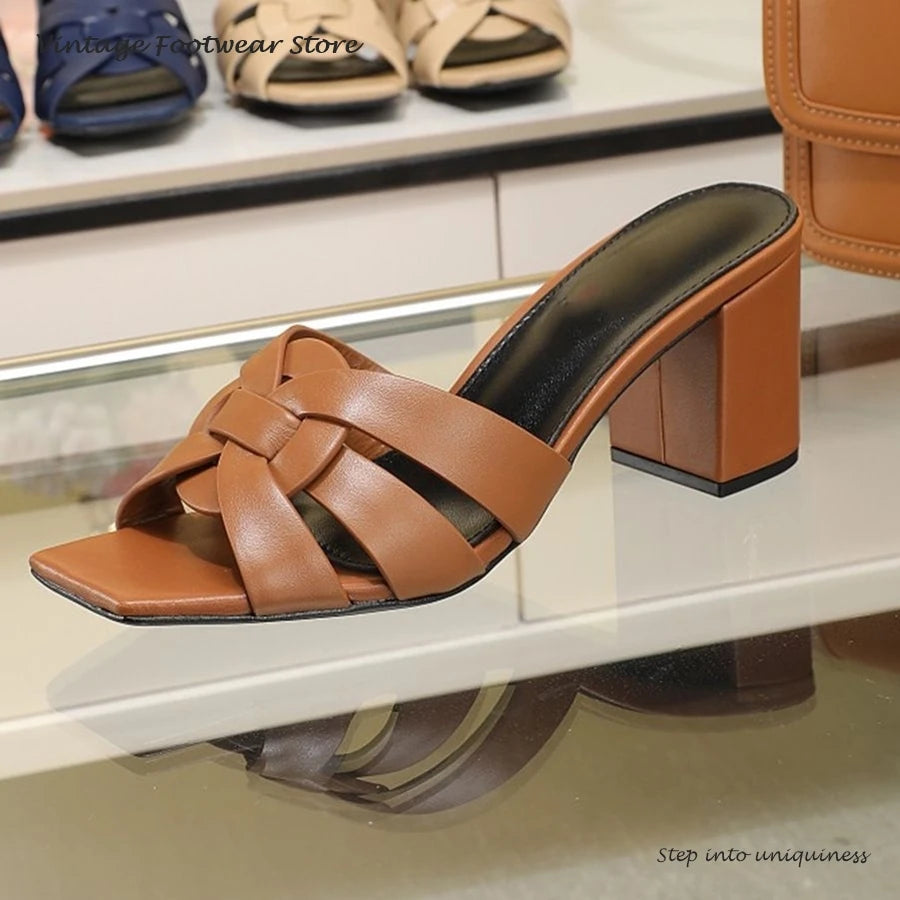 Interwoven Strap Square Toe Block Heel Mules for Women