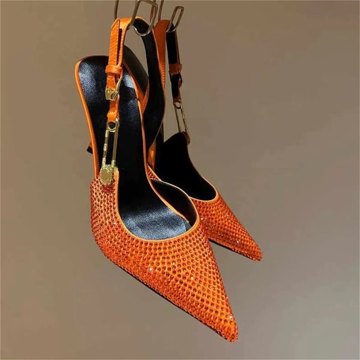 Sexy Pointed Toe Slingabck Rhinestone Sandals Lady Leather Luxury Dress Stiletto High Heel Pumps Women Shoes Metal Buckle