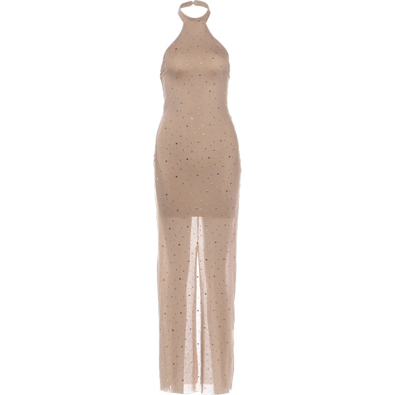 Shimmer Sequin Applique Halter Party Gown for Women