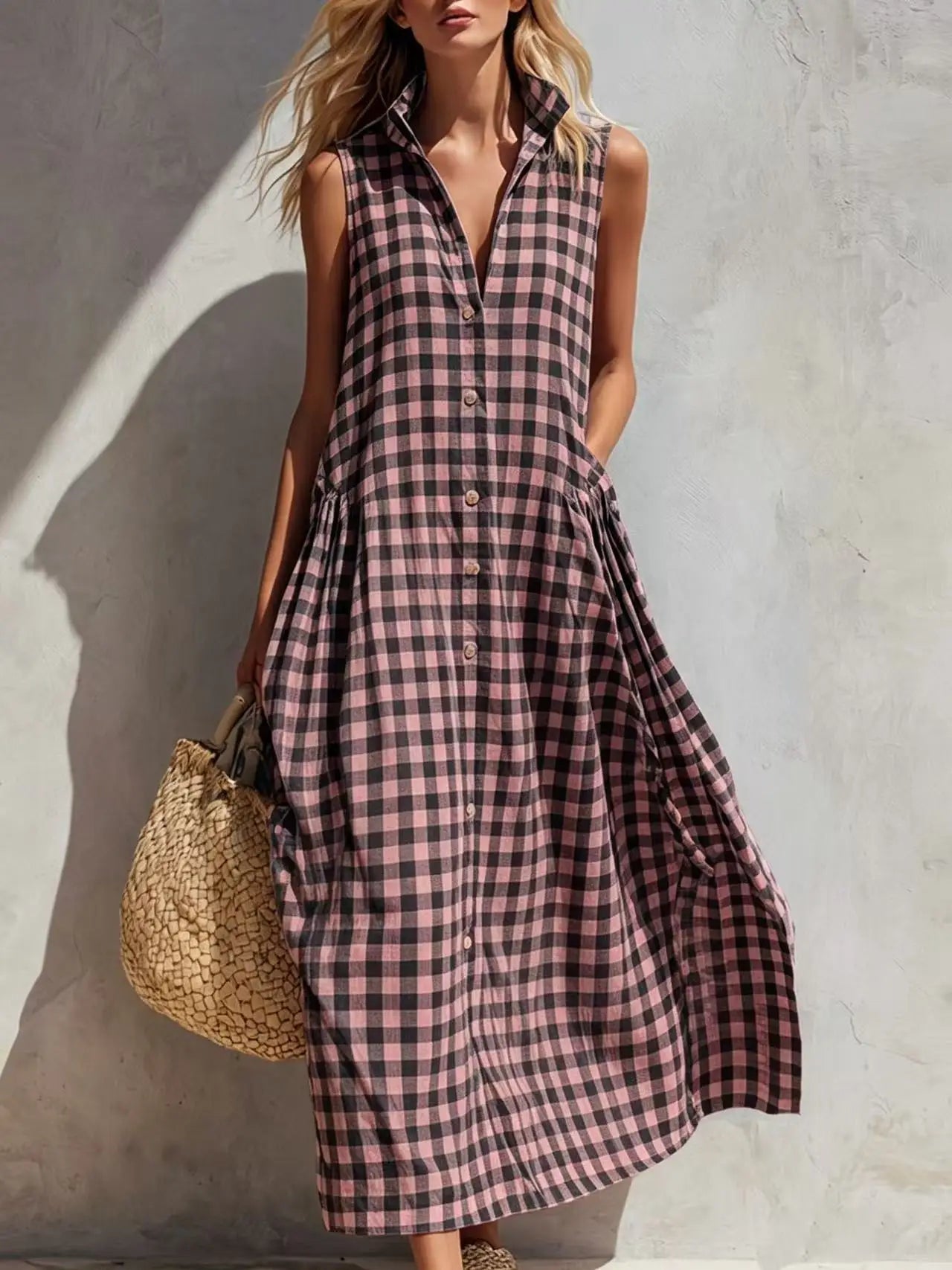 Loose Plaid Sleeveless Single Breasted Maxi Dress for Women