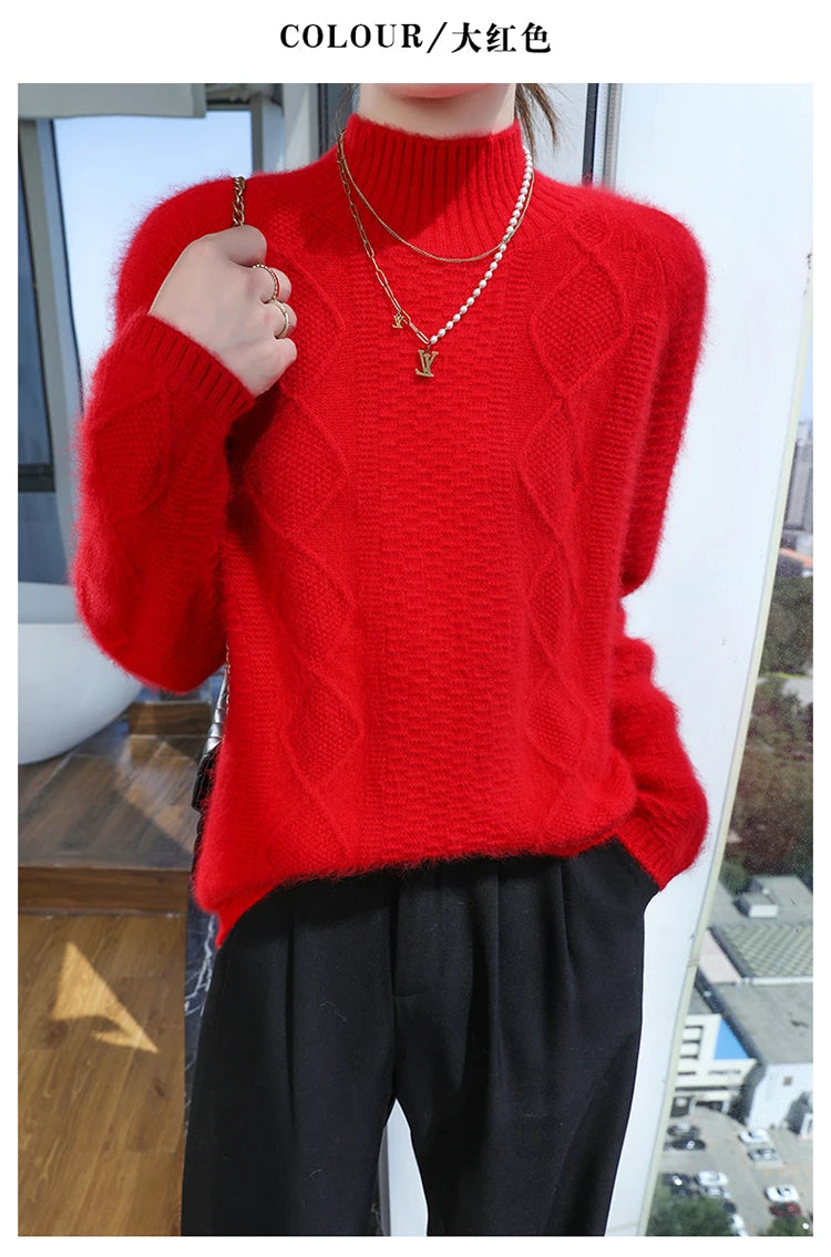Floral Jacquard Long Sleeve High Neck Knit Sweater for Women