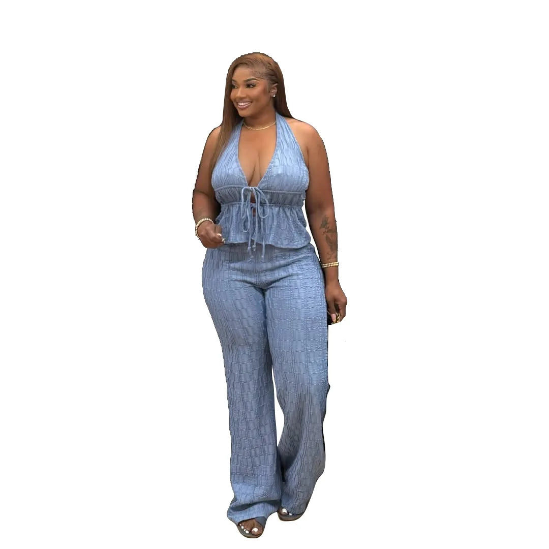 Casual Jacquard Halter Top and Wide Leg Pants Set for Women