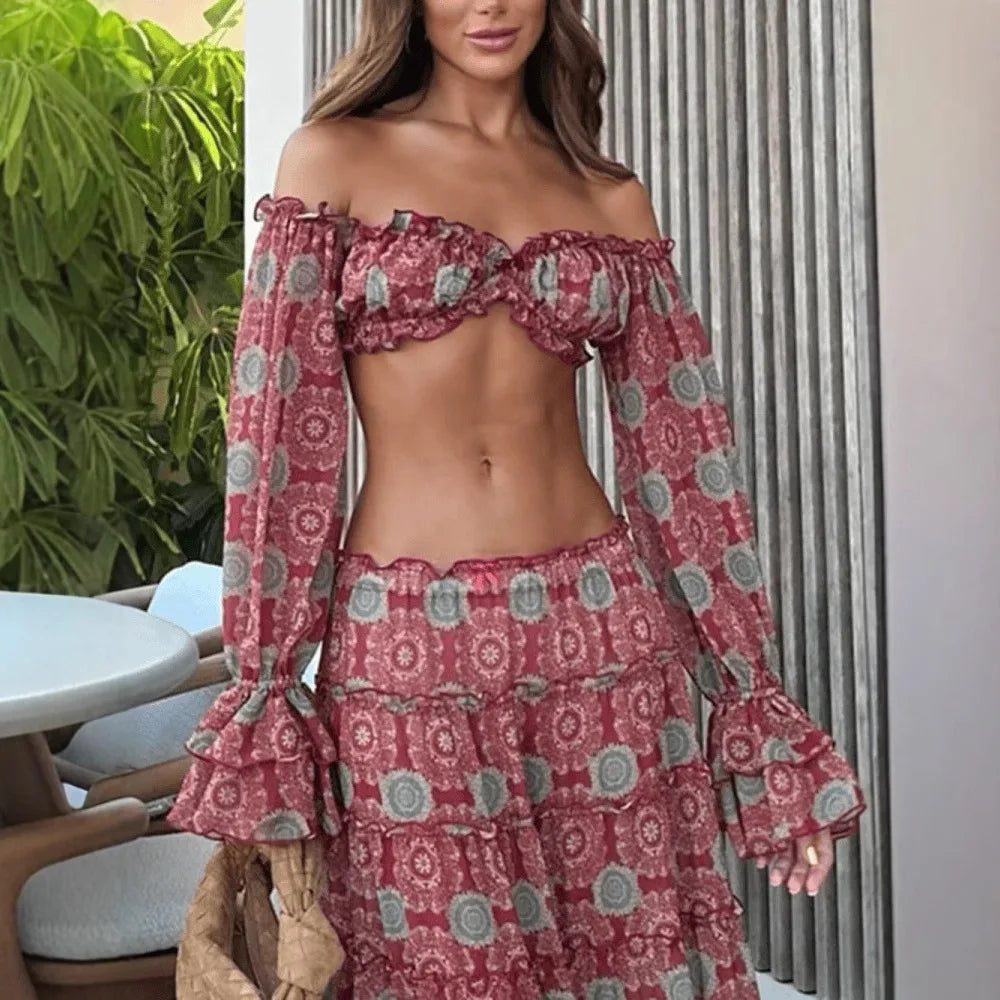 Vintage Print Off Shoulder Cropped Top Two Piece Set for Women