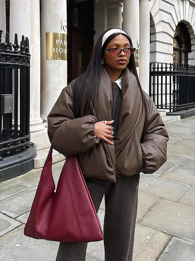 PU Leather Women's Cotton Coat Vintage Laple Full Sleeve Thicken Pockets Female Parka Jackets 2025 Autumn Winter Lady Streetwear
