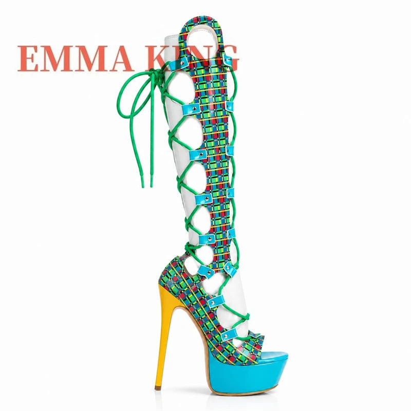 Multicolor Plaid Hollow Out Gladiator Sandals for Women