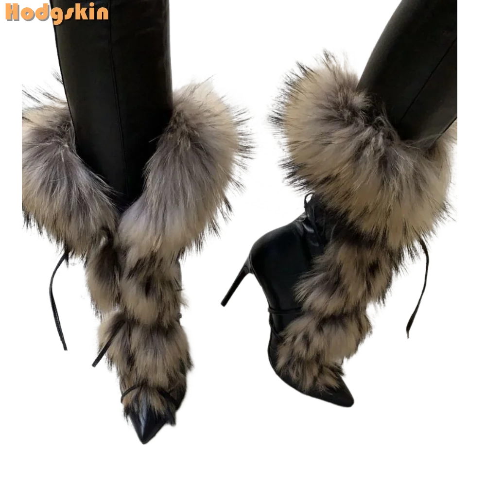 Faux Fur Lace Up Stiletto Knee High Boots for Women
