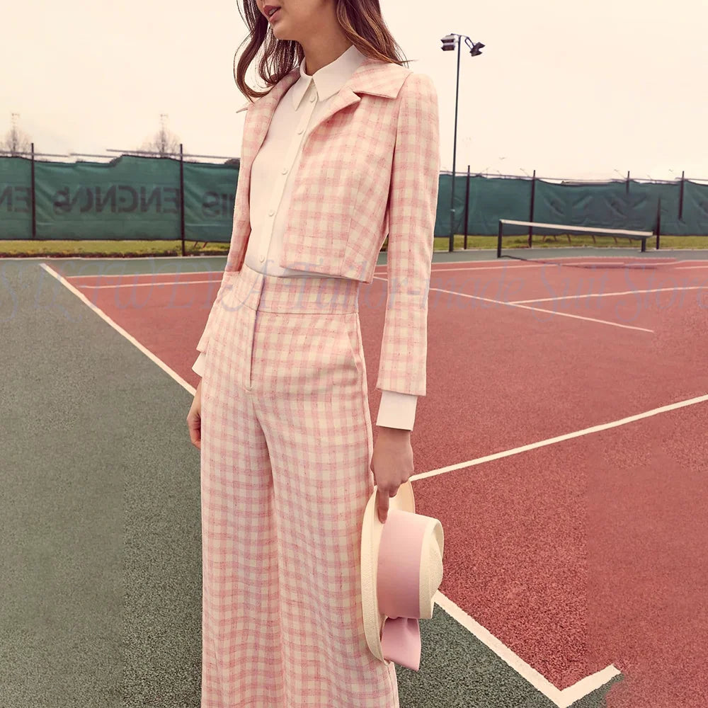 Vintage Plaid Single Breasted Blazer And Pant Set For Women