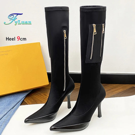 Black Pointy Toe Kneehigh Stiletto Boot