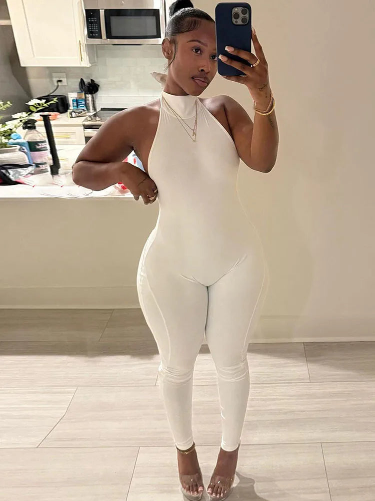 Peach Backless Halter Skinny Fit Jumpsuit for Women