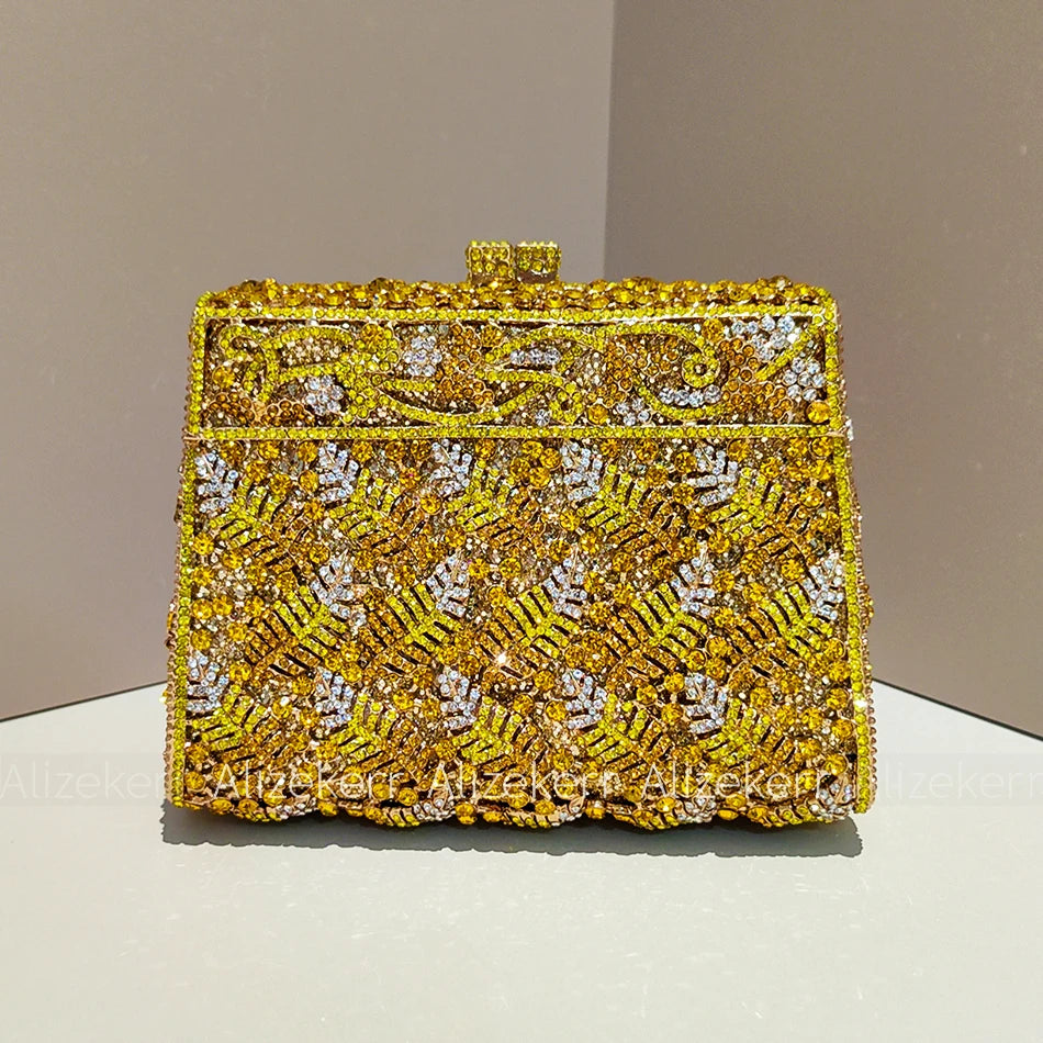 Metallic Leaf Diamond Evening Bag With Rhinestone Accents for Women