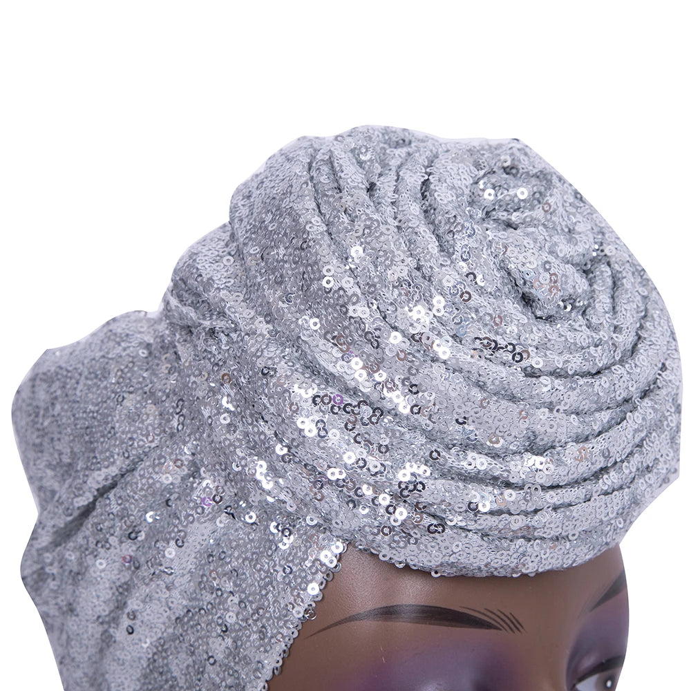 Gleaming Sequined African Print Head Wrap for Women