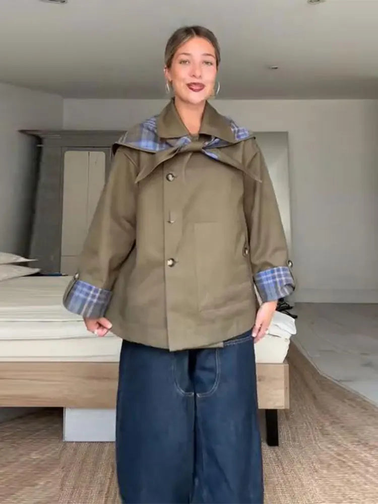 Plaid Reversible Jacket with Lapel Bow and Pockets for Women