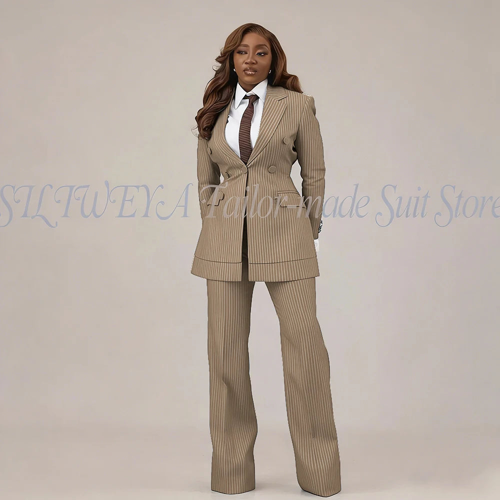 Slim Fit Brown Striped Blazer Set With Pants For Women