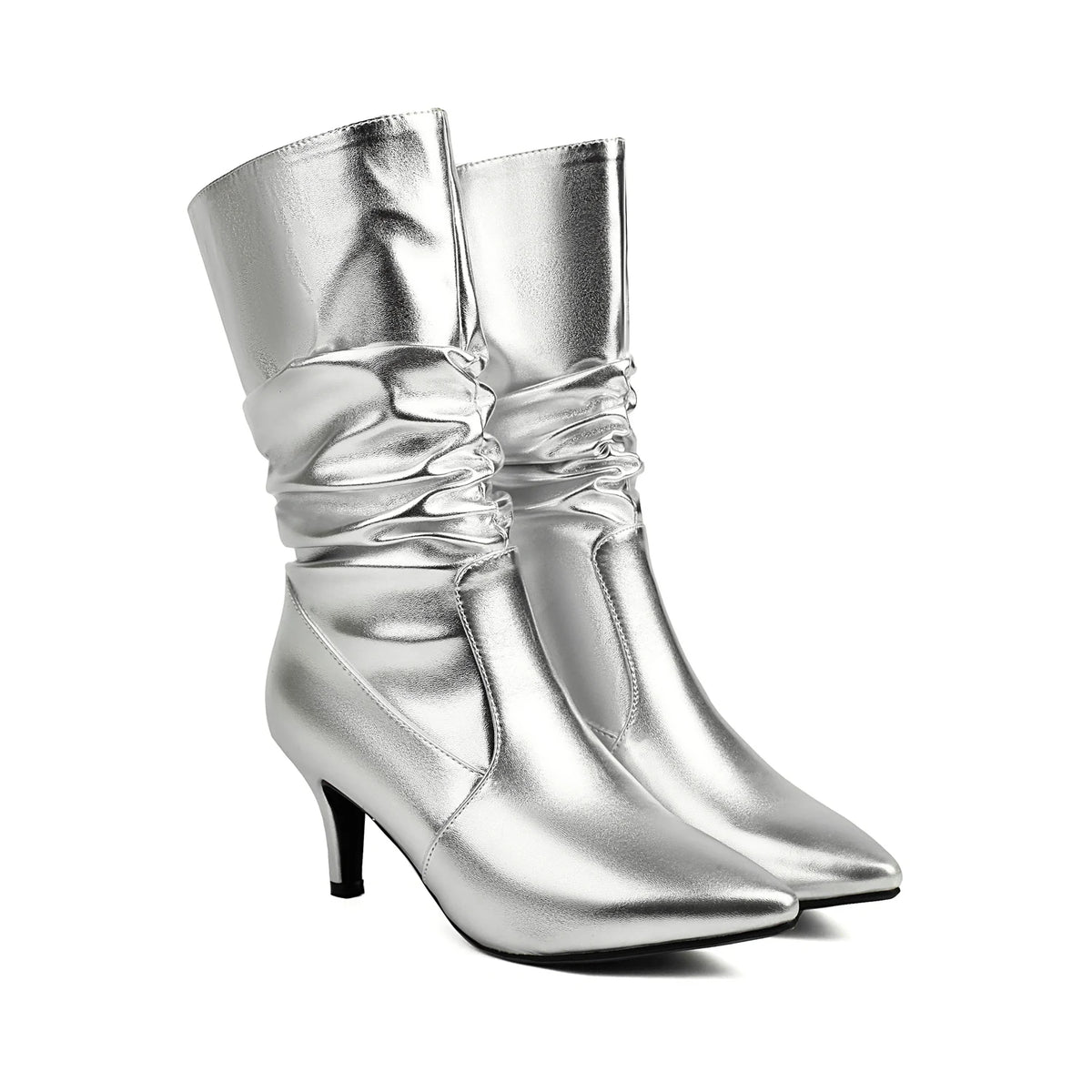 Metallic Pleated Pointed Toe Mid-Calf Stiletto Boots for Women