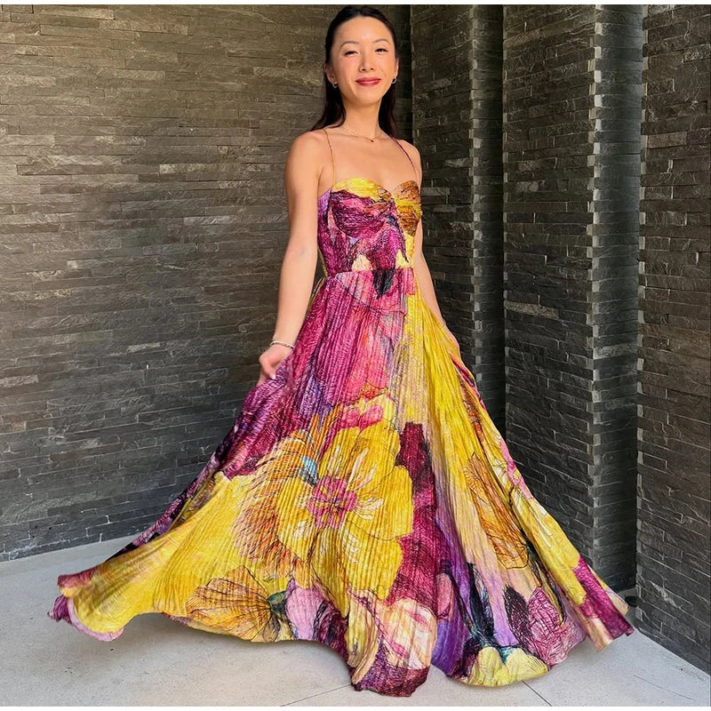 Elegant Floral Print Pleated Floor Length Dress For Women