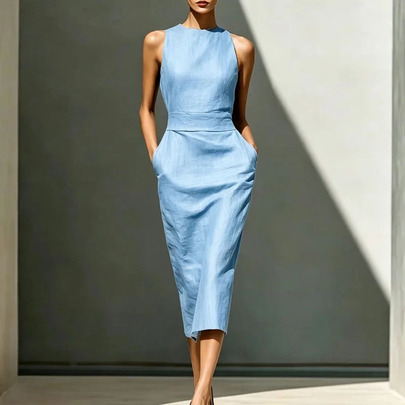 Elegant Sleeveless High Waist Sheath Midi Dress for Women