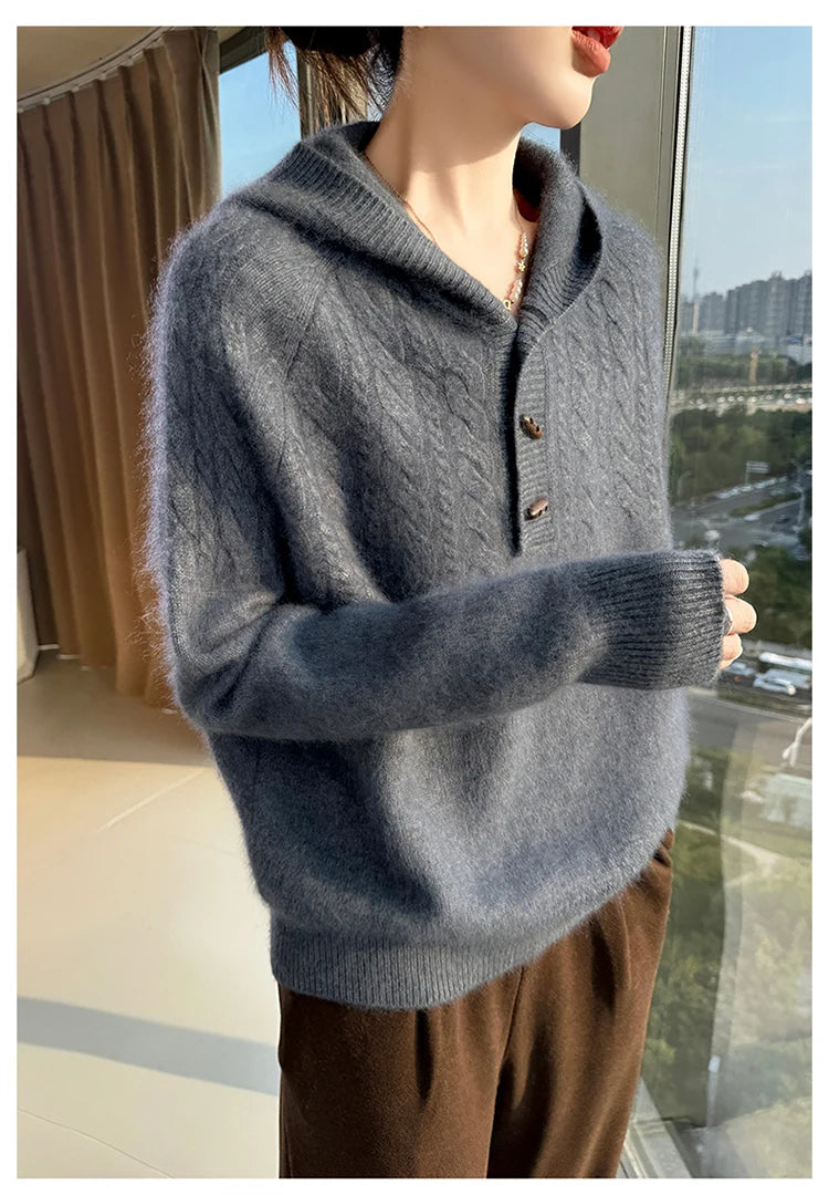 Chunky Knit Loose Hooded Pullover Sweater for Women