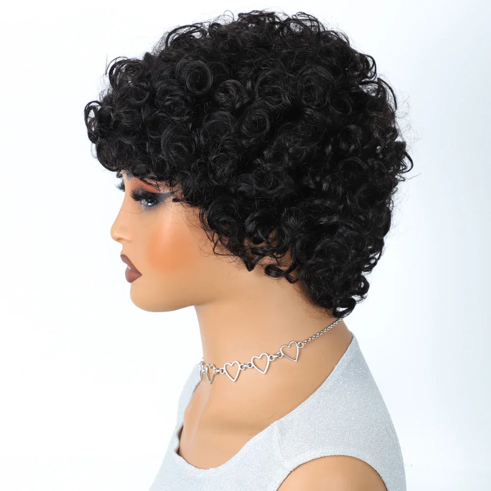 Short Kinky Curly Pixie Bob Human Hair Wig for Women