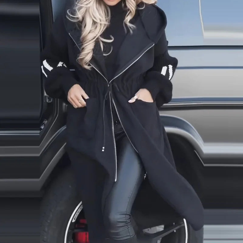 New Hooded Long Sleeve Cardigan Coat, Women Autumn Winter Simple Patchwork Zipper Jackets, Casual Lace-Up Fashion Maxi Outerwear