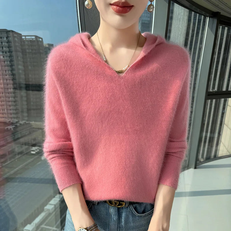 Loose Fit Thick Knit Hooded V-Neck Sweater for Women