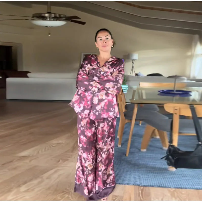 Casual Print Blouse and Wide Leg Pants Set for Women