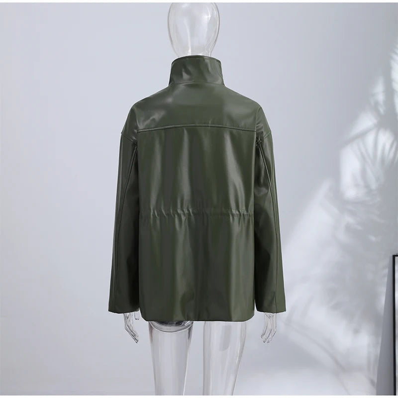 Vintage Cinched Waist Zipper Faux Leather Jacket for Women