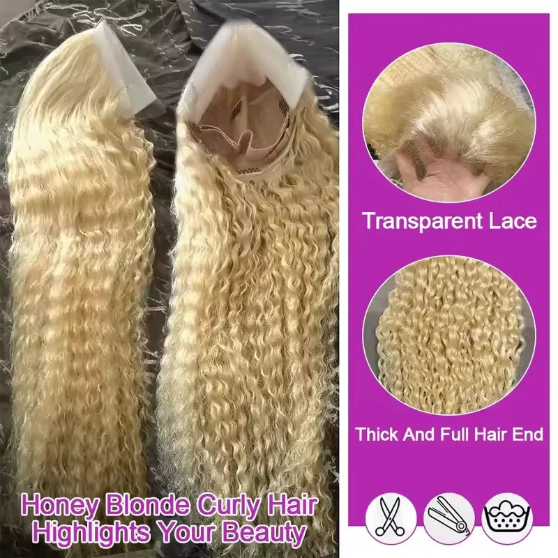 Honey Blonde Deep Wave Lace Front Human Hair Wig for Women