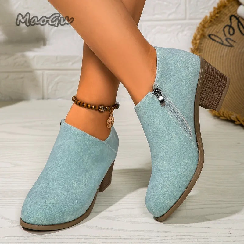 Elegant Suede Side Zipper Square Heel Ankle Boots for Women
