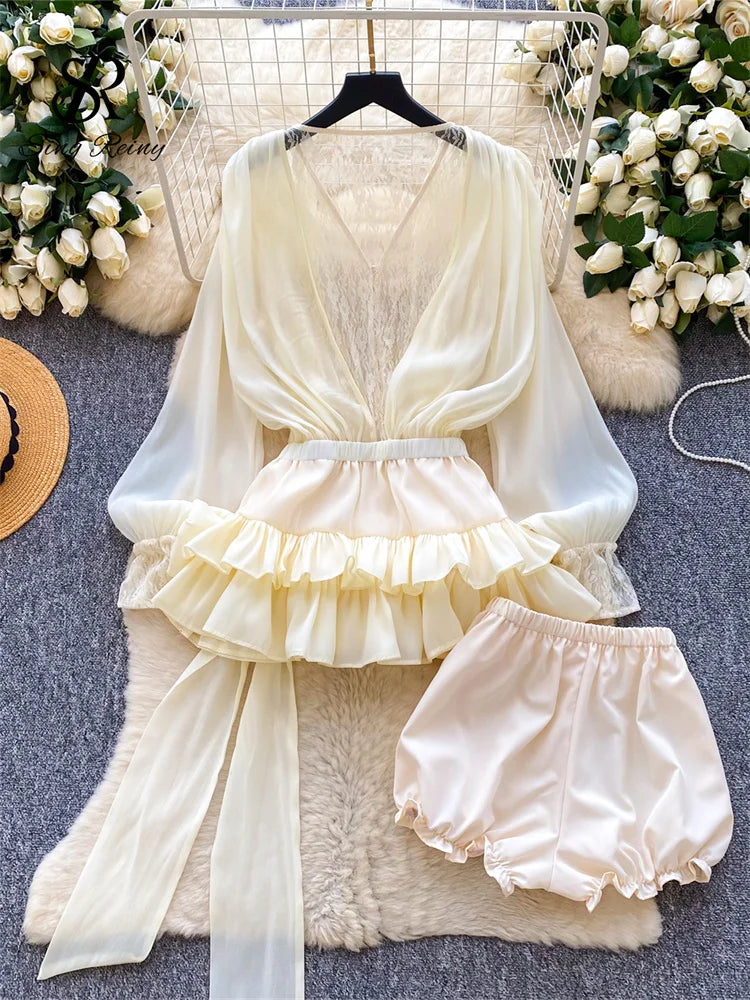 Lace Chiffon Mini Dress With Ruffles and Shorts for Women