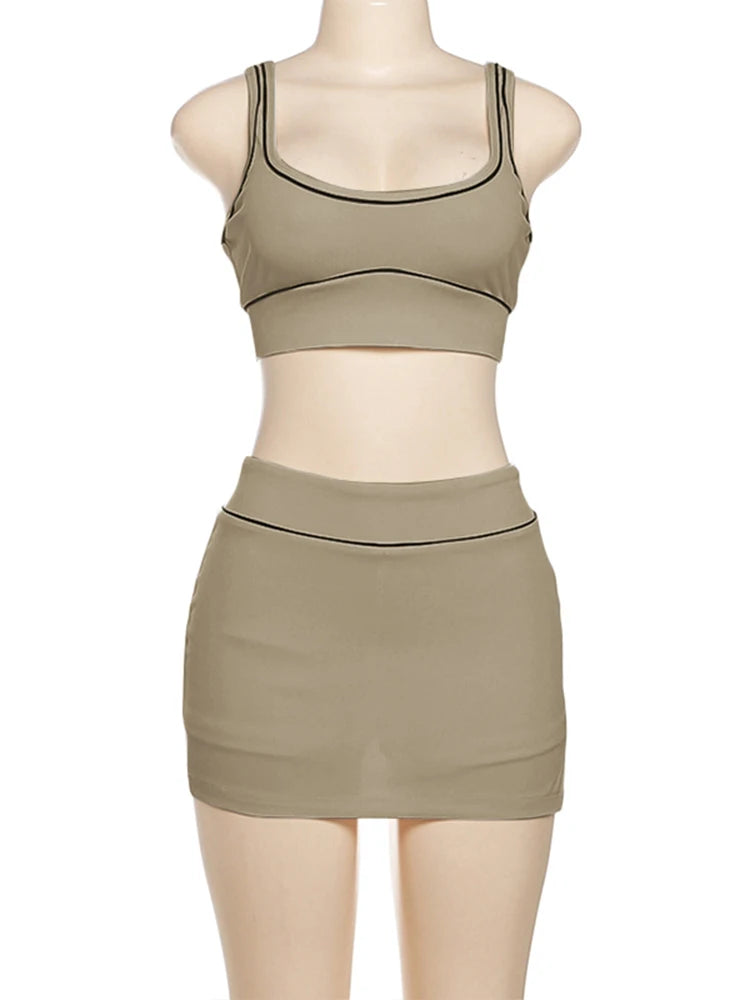 Striped Square Neck Two Piece Skirt Set Outfit for Women