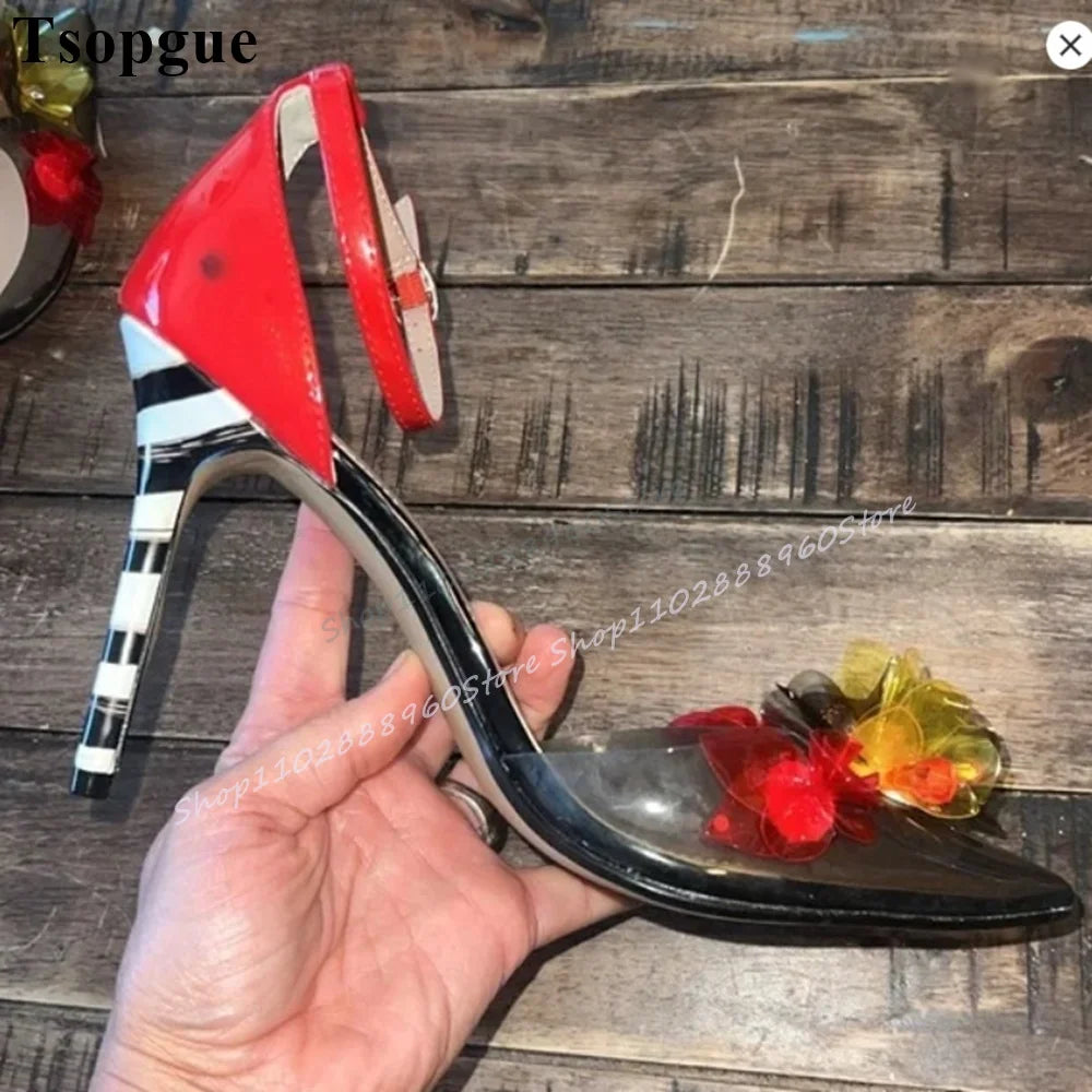 Mixed Color PVC Flower Decor Sandals Thin High Heel Women Shoes Ankle Buckle Strap Pointed Toe 2025 Fashion Zapatos Para Mujere
