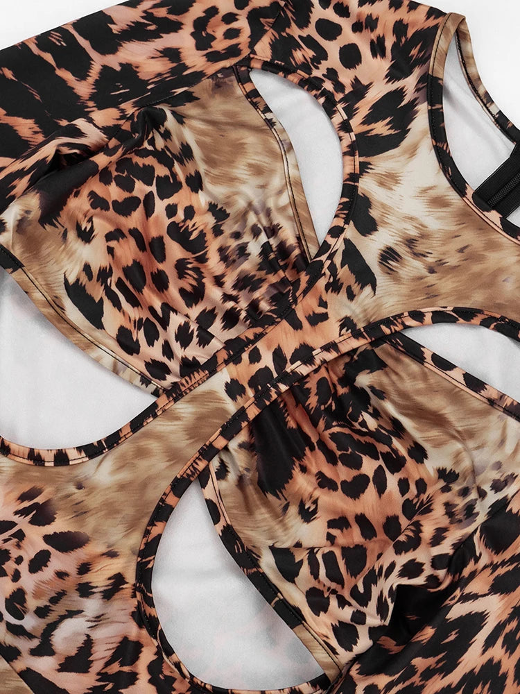 Leopard Print Hollow Out Two Piece Playsuit for Women