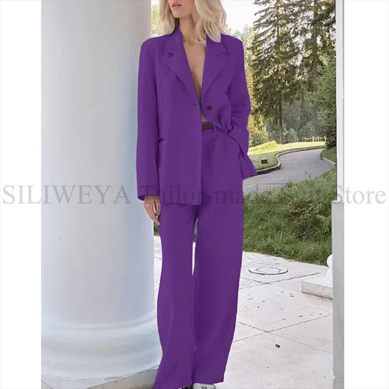 Single Breasted Light Blue Two Piece Blazer Set For Women