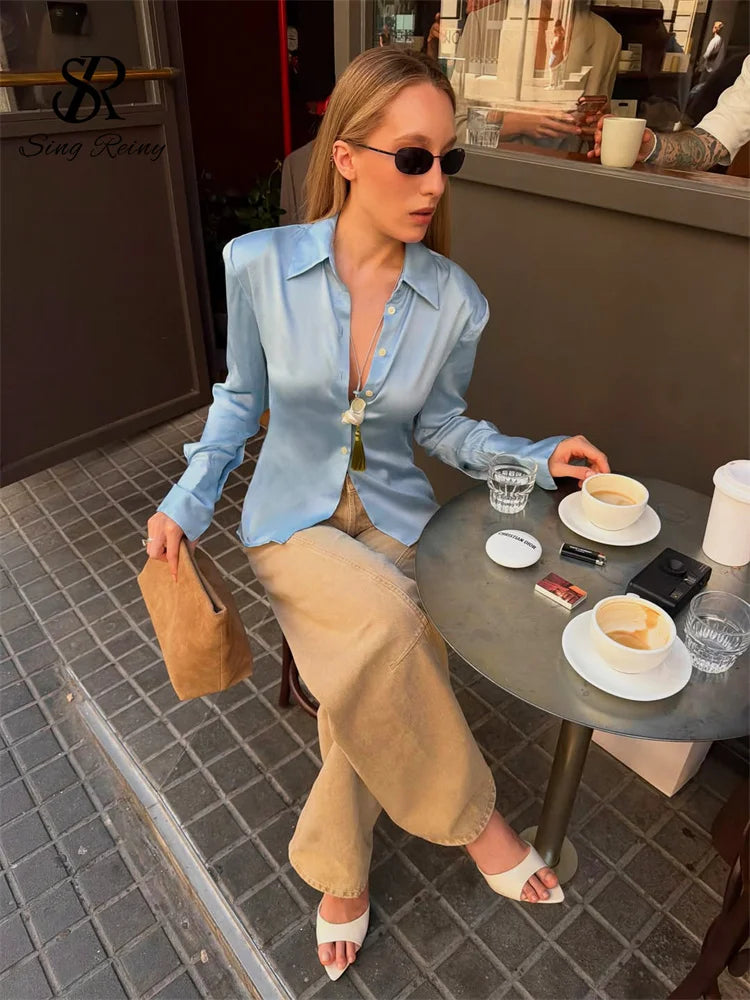 Slim Fit Satin Long Sleeve Button-Up Blouse for Women