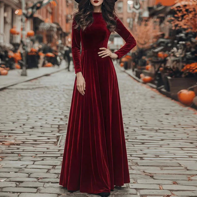 Elegant Velvet Long Sleeve A Line Maxi Dress for Women