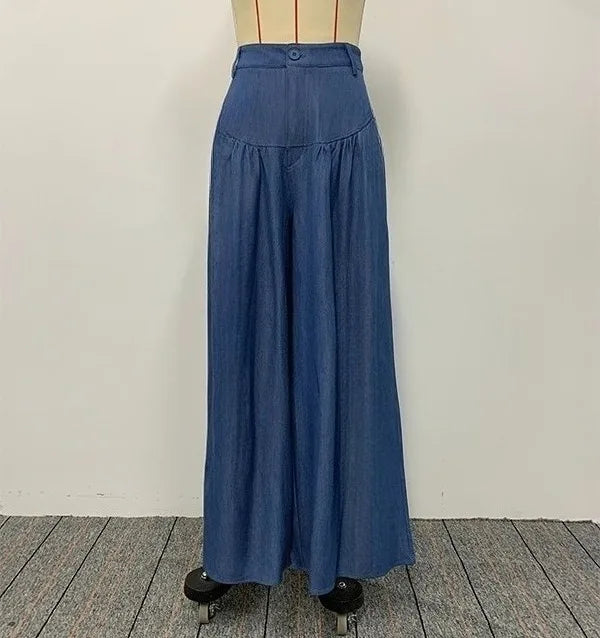 Women's Imitation Denim High Waist Wide Leg Palazzo Pants 2026 New Spring Fashion Pleated Casual Streetwear Y2K Style Trousers