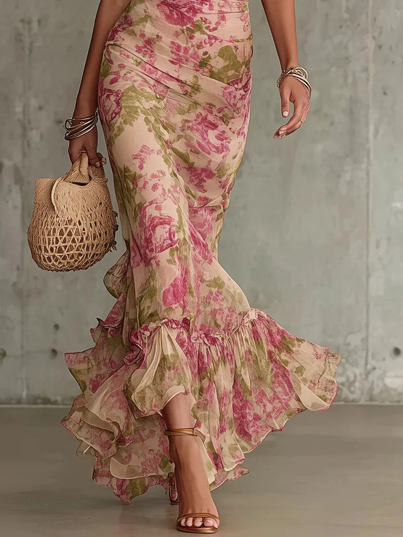 Vintage Chiffon Maxi Dress With Stand Collar Short Sleeve for Women