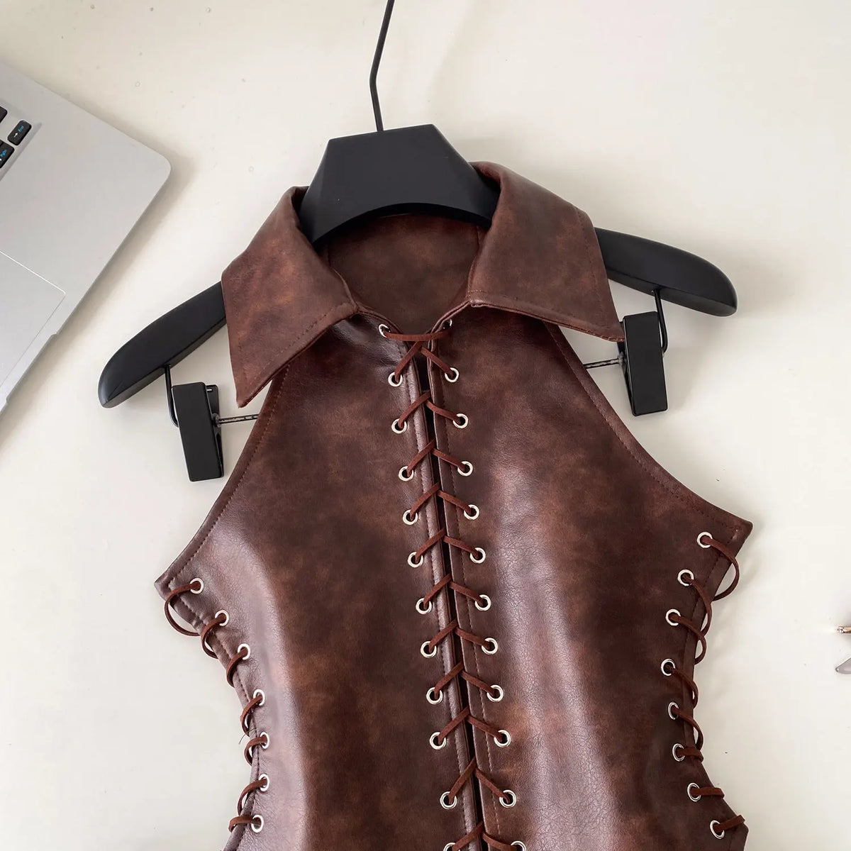 Retro Lace Up Faux Leather Sleeveless Bustier Top for Women