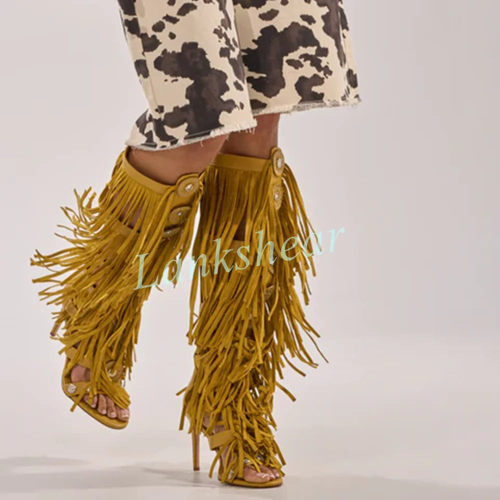 Mustard Yellow Suede Fringe Knee High Gladiator Sandals for Women