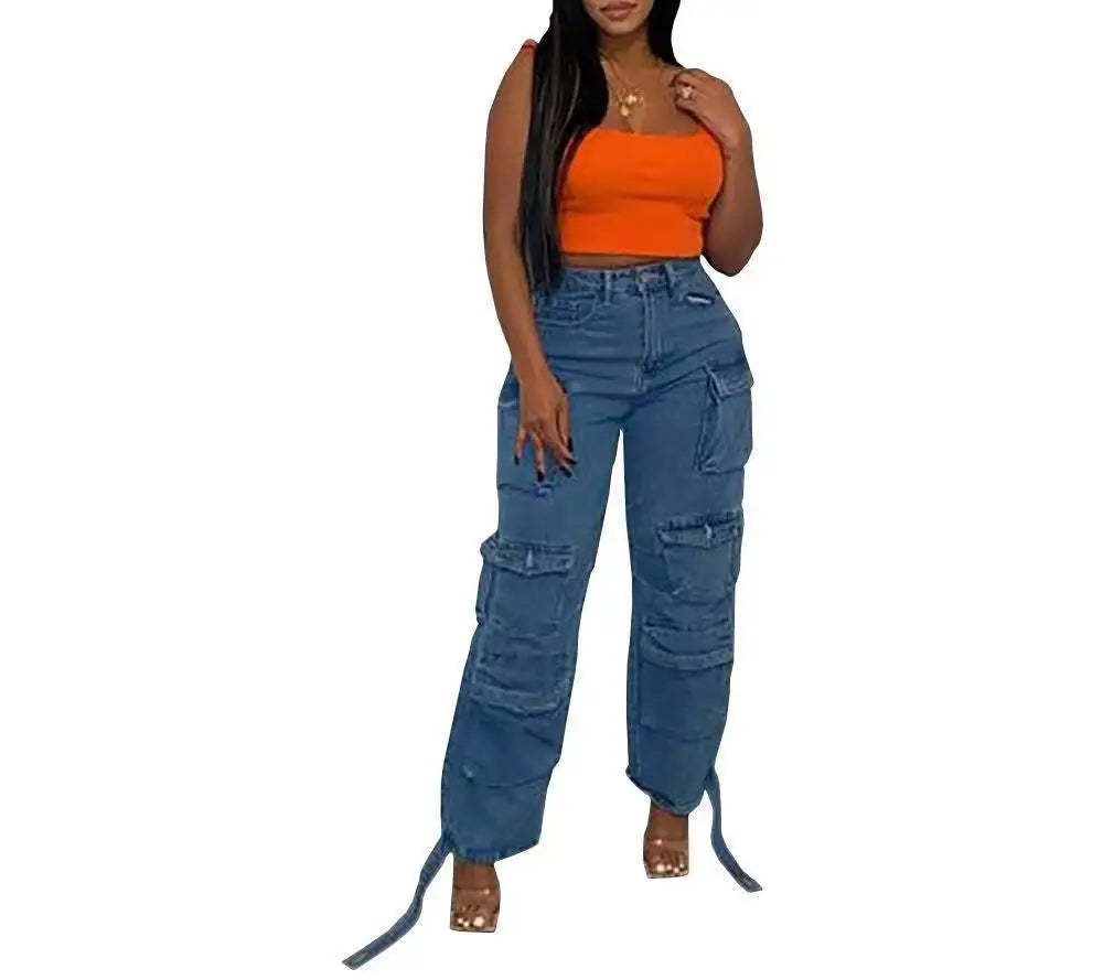 High-Waisted Loose-Fit Multi-Pocket Cargo Jeans for Women