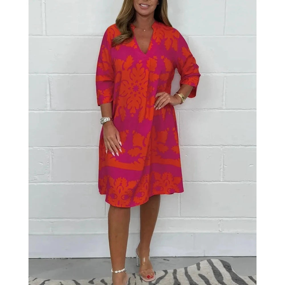 Summer Floral Dress for Women V Neck Three Quarter Sleeve A-Line Loose Midi Dress for Party Evening Gown Vestidos Elegantes