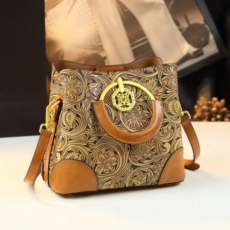 Retro Cowhine Carved Women Bag Handhold Bucket Leather Commuting Shoulder Underarm Crossbody Bags for Women