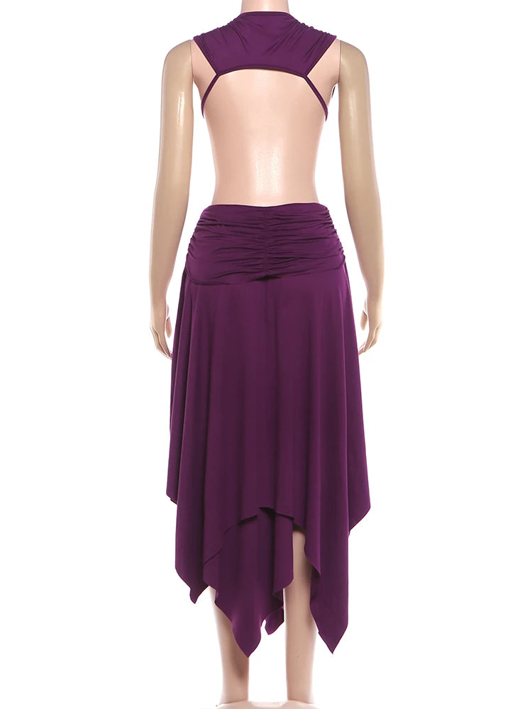 Hollow Design Low Neck Backless Ruched Long Dress for Women