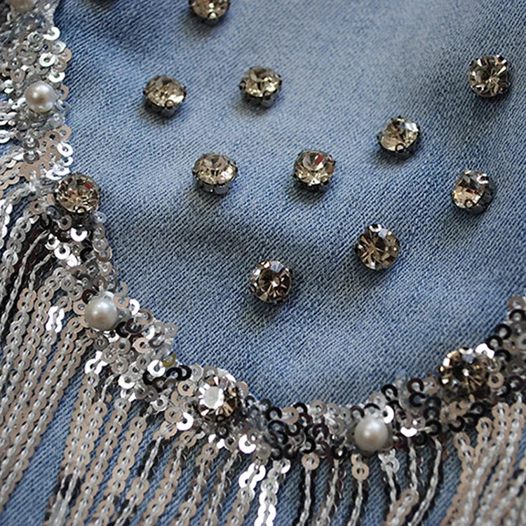 Beaded Diamond Fringed High Waist Cropped Jeans for Women