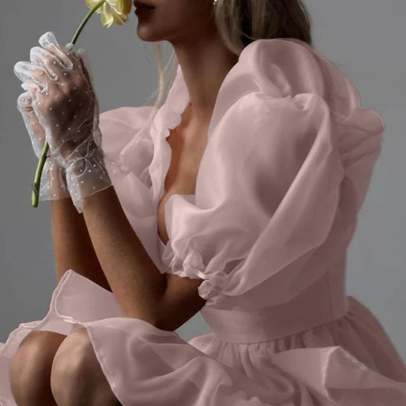 Puff Sleeve High Waist Pink Ruffle Dress for Women