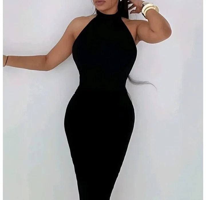Fashion Evening Party Dresses Woman New Sexy Elegant Rose Detail Mock Neck Sleeveless Backless Bodycon Party Dress 2025 Autumn